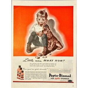 Pepto-Bismol "for Upset Stomach" Boy with Dog Vintage Print Ad 1946